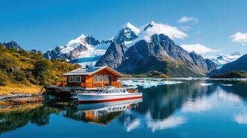 Stunning Wooden Cabin by Fjord with Boat Scenic Mountain View Glacier Reflection Peaceful Travel photo