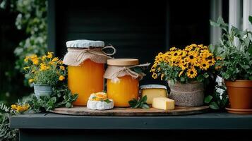 Delicious Orange Preserves in Jars with Cheese and Flowers Rustic Still Life photo