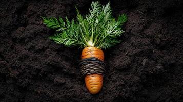 Freshly Harvested Carrot with Lush Green Tops in Rich Soil A Vibrant Image of Organic Farming photo