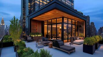 Luxurious Rooftop Terrace Apartment Evening City View Modern Design photo