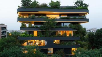moderno eco simpático Departamento edificio con verde tejados y balcones a oscuridad foto