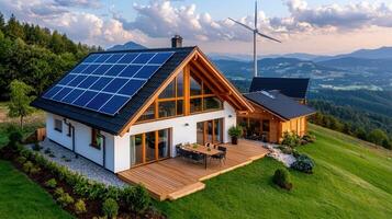 Modern Eco Friendly House with Solar Panels and Wind Turbine on Mountaintop Stunning Landscape View photo