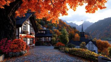 Picturesque Autumn Village Scene Cobblestone Street Colorful Houses and Mountain Backdrop photo