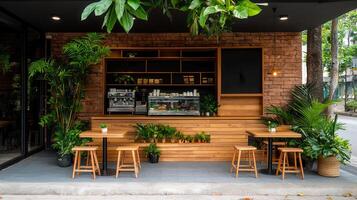Outdoor cafe with wooden counter and tropical plants inviting atmosphere for relaxation and coffee break photo