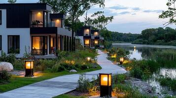 Luxurious Lakeside Villas at Dusk Pathway Lighting and Tranquil Water Views photo