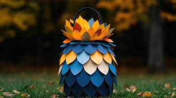 Stylish Handbag Crafted from Colorful Paper Scales Rests on Grassy Autumn Park Ground photo