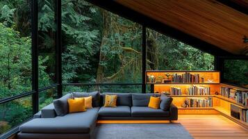 Modern Secluded Home Interior Design Cozy L Shaped Sofa with Forest View and Built in Bookshelves photo