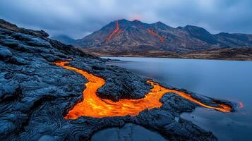Molten Lava Flowing into Ocean near Volcanic Mountain Dramatic Landscape photo