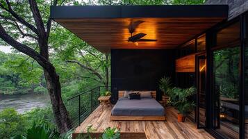 Tranquil River View Bedroom Suite Modern Deck Design Outdoor Relaxation Tropical Getaway photo
