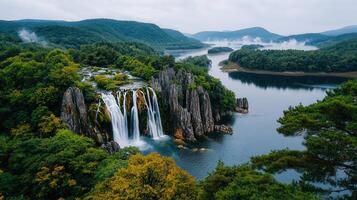 Majestic Waterfall Cascading into a Serene Lake Surrounded by Lush Greenery and Rolling Hills A Stunning Nature Scene photo