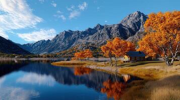 Stunning Autumn Landscape Mountain Lake Cabin with Vibrant Fall Foliage and Majestic Peaks photo