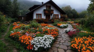 Charming House nestled amidst vibrant flower garden path leading to a cozy home in the mountains photo