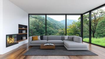 Modern Living Room Interior Design with Cozy Sectional Sofa and Stunning Mountain View through Large Windows photo