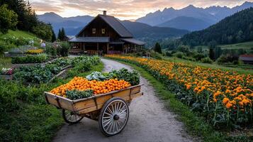 Rustic Wooden Cart Filled with Fresh Oranges and Vegetables in a Scenic Mountain Farm Setting at Sunset photo