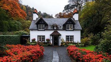 Charming White Cottage nestled in Autumnal Landscape surrounded by vibrant red flowers and a stone pathway photo