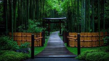 Serene Bamboo Forest Path leading to Traditional Japanese Torii Gate Tranquil Nature Walkway scene photo