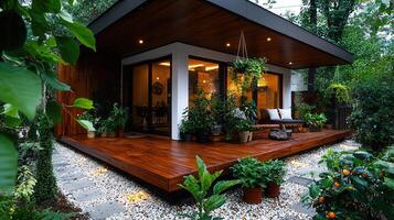 Modern Wooden Deck Design with Lush Greenery and Potted Plants Surrounding a Cozy Outdoor Patio photo