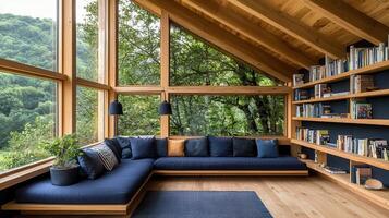 Relaxing Modern Cabin Living Room with Panoramic Forest Views and Built in Bookshelves photo