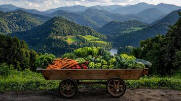 Fresh Organic Vegetables in Wooden Cart Scenic Mountain View Farm Harvest photo