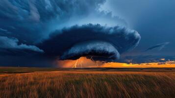 Dramatic Sunset Storm Cloudscape with Lightning Strikes over Golden Prairie Grassland photo