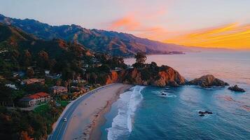 Stunning Sunset Over Coastal California Beach Houses and Dramatic Cliffs Aerial View photo