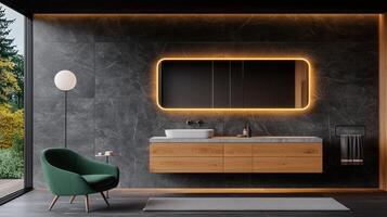 Modern bathroom design with illuminated mirror wooden vanity and green armchair near a large window showcasing nature photo