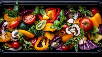 Colorful Fresh Vegetables and Herbs in a Black Container Healthy Eating Concept photo