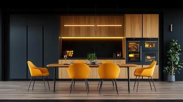 Modern kitchen design with yellow chairs and wooden cabinets a stylish dining area with built in appliances photo
