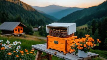 Honeybee Hive in Mountain Landscape Setting Wooden Bee Box with Busy Bees and Blooming Flowers photo