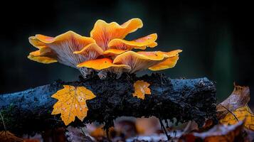 Vibrant Orange Mushrooms Growing on Dark Log Autumn Forest Floor Fallen Leaves photo