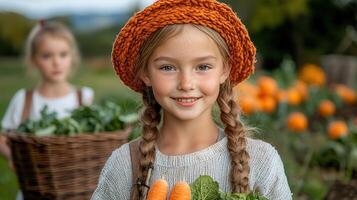 Happy girl with freckles harvesting fresh carrots in a garden Smiling child in autumn with braids and orange hat photo