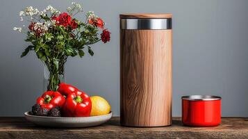 Stylish Wooden and Steel Kitchen Storage Container with Red Peppers and Lemon on Table photo