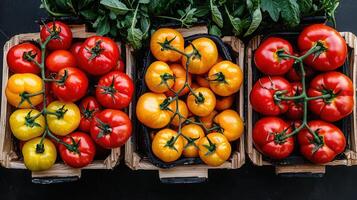 Fresh Red and Yellow Tomatoes in Wooden Crates Organic Vegetables Farm to Table Produce photo