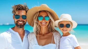 Happy family wearing sunglasses enjoying summer vacation at the beach Parents and child smiling on tropical holiday photo