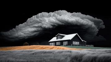 Dramatic Black House on Grassy Field Under a Massive Storm Cloud A Stunning Landscape photo