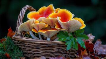 Vibrant Orange and Yellow Mushrooms in a Rustic Woven Basket Autumn Forest Setting photo