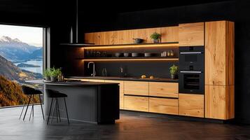 Modern Luxury Kitchen Design with Stunning Mountain View Oak Cabinets and Black Countertops photo