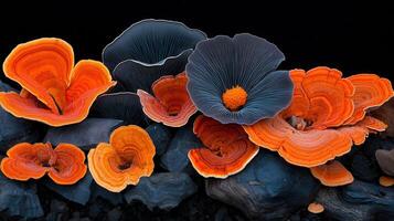 vibrante naranja y oscuro azul hongos racimo en rocas oscuro antecedentes naturaleza foto