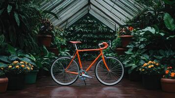 Vibrant Orange Bicycle in a Lush Botanical Garden Greenhouse Setting A Perfect Summer Day Ride photo