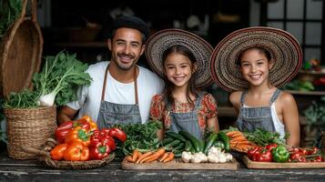 Happy Family of Farmers Selling Fresh Organic Vegetables at a Farmers Market photo