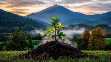 A Young Sapling Growing on Rich Soil Against a Majestic Mountain Landscape at Sunrise photo