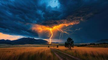 Dramatic Lightning Strike over Golden Wheat Field and Mountain Range at Sunset Breathtaking Nature photo