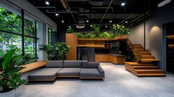 Modern Office Interior Design with Wooden Stairs Green Plants and Comfortable Sofa photo