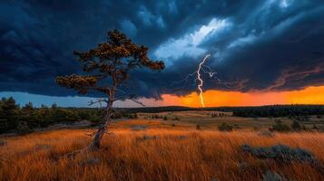 Dramatic Sunset Landscape with Lightning Strike over Prairie Grassland and Lone Tree photo