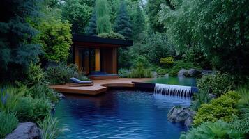Serene Modern House Backyard Oasis Pool Landscape Design featuring a wooden deck and waterfall photo
