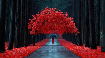 Woman in Red Coat Walking Under Umbrella in Red Flower Lined Path in Dark Forest photo