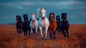 Majestic Herd of Horses Galloping Across Golden Field at Sunset Dramatic Landscape photo