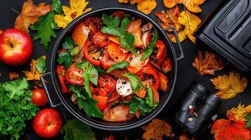 Autumn Vegetable Stew Recipe Healthy Fall Food in Black Bowl with Apples and Leaves photo