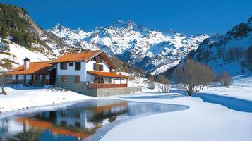 Mountain Cabin Winter Wonderland Snowy Landscape Scenic View Frozen Lake photo