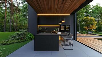 Modern Black Kitchen Island Design Overlooking Lush Green Garden Landscaping photo